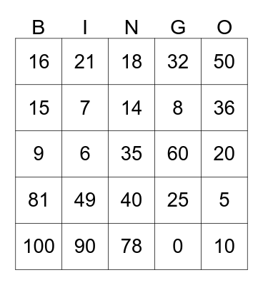 X  Multiplication BINGO  X Bingo Card
