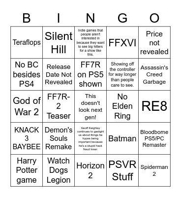 PS5 Event Bingo Card