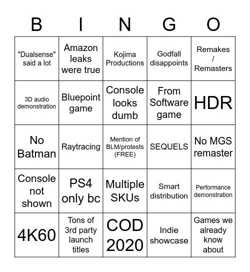 PS5 Bingo Card