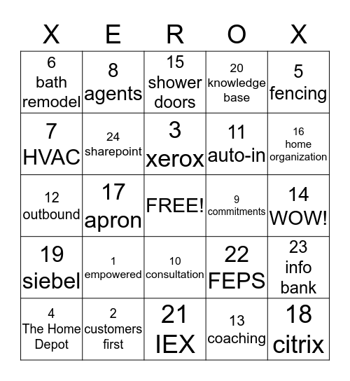 xerox/THD  Bingo Card