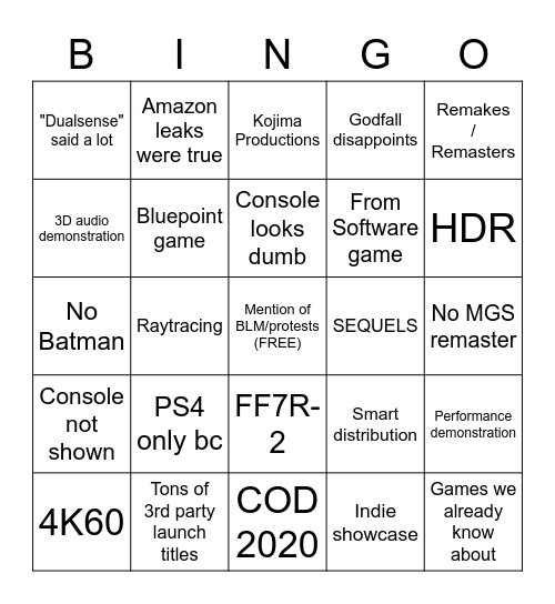 PS5 Bingo Card