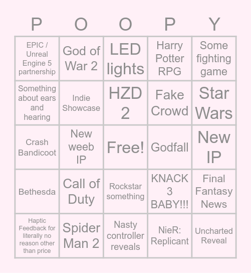 PS5 Presentation Bingo Card