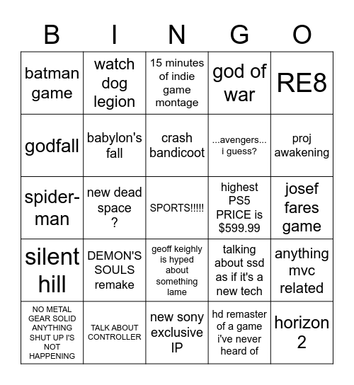 PS5 Event Bingo Card