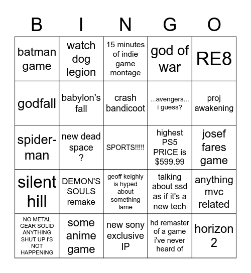 PS5 Event Bingo Card