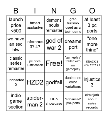 ps5 Bingo Card