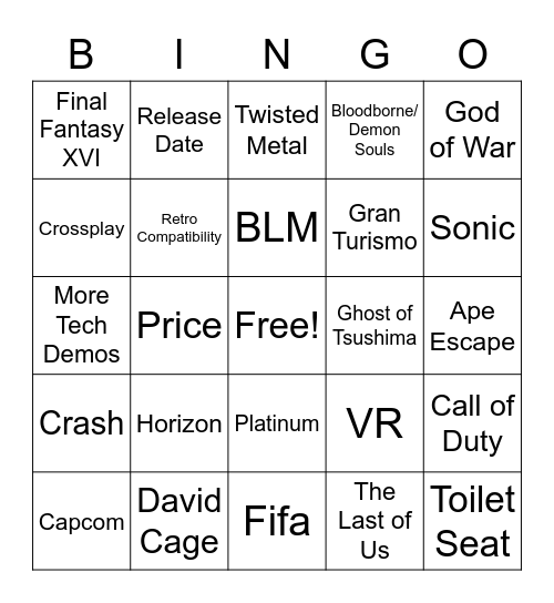 PS5 Predictions Bingo Card