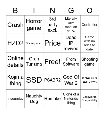 PS5 reveal Bingo Card