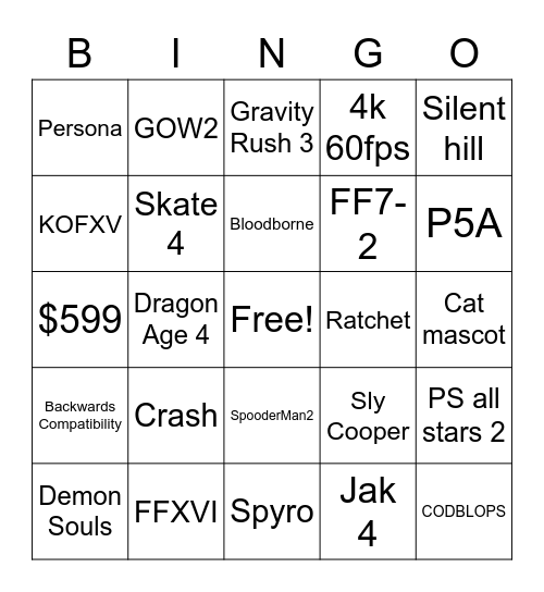 ps5 bingo Card