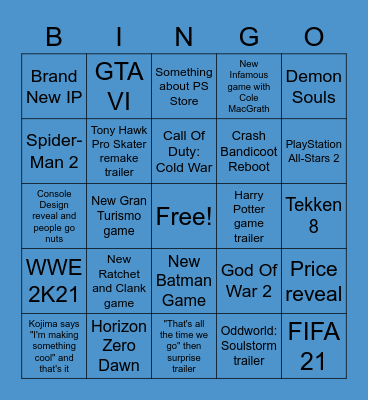 PS5 Reveal Event Bingo Card