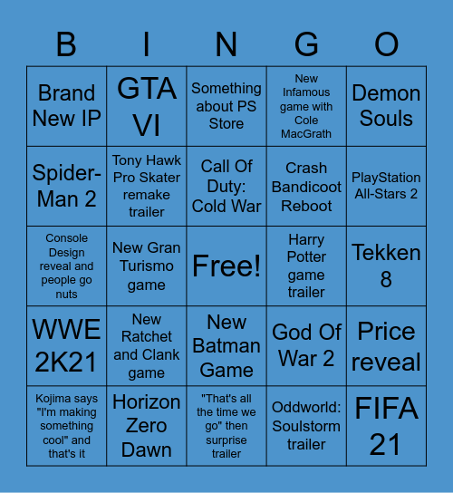 PS5 Reveal Event Bingo Card