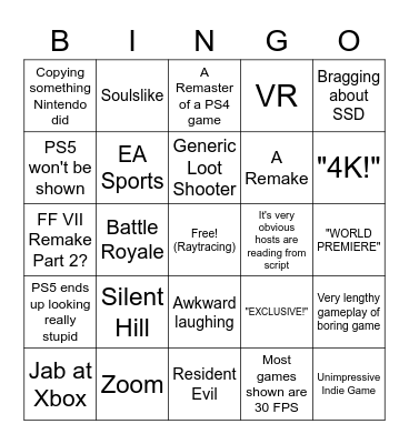 PS5 Games Reveal Bingo Card