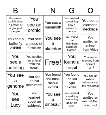Virtual Museum Bingo Card