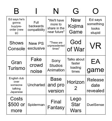 PS5 Bingo Card