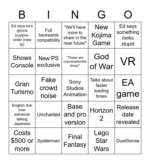 PS5 Bingo Card