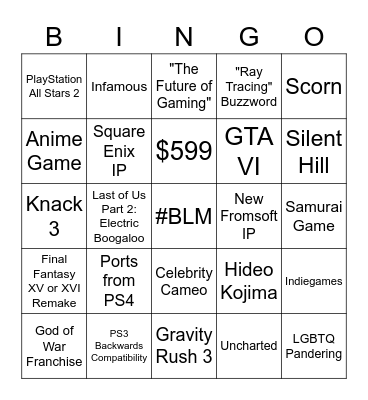 PS5 Release Bingo Card