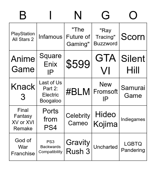 PS5 Release Bingo Card