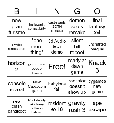 PS5 Bingo Card