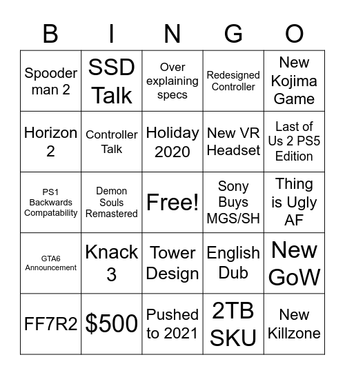 PS5 Event Bingo Card