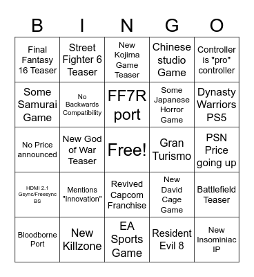 PS5 Launch Event Bingo Card