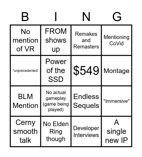 Sony Bingo Card