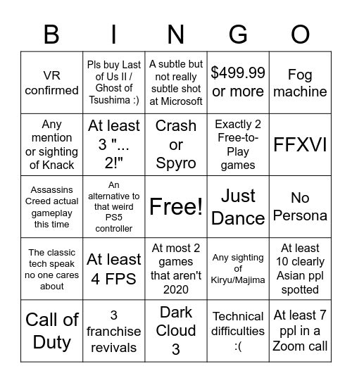 PS5 Half-Meme Bingo Card