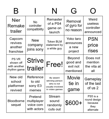 PS5 Comedy Hour Bingo Card
