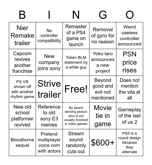 PS5 Comedy Hour Bingo Card