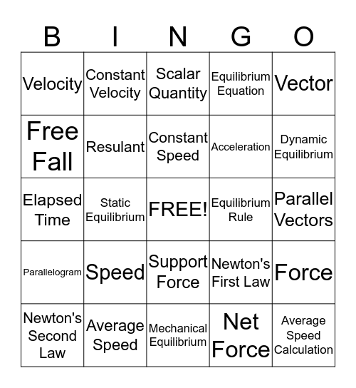 Forces and Motion Bingo Card