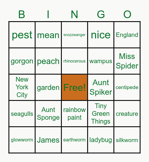 James and the Giant Peach Bingo Card