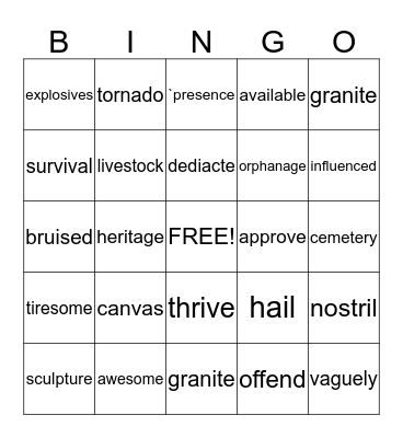 Vocabulary Bingo Card