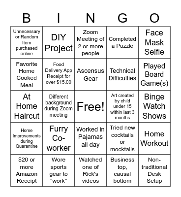 WFH/Quarantine Scavenger Hunt Bingo Card