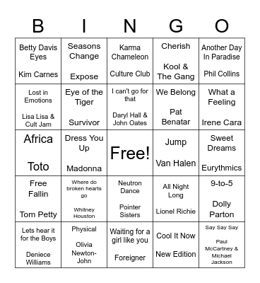 MixTape Bingo       1980's Mix Bingo Card