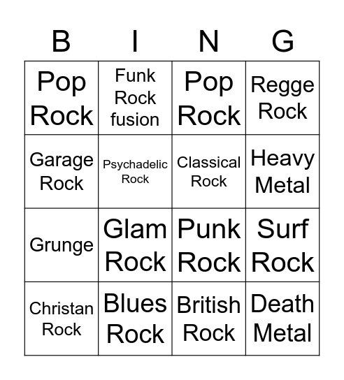 Rock genre Bingo Card