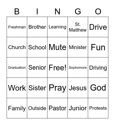 Youth Zoom Bingo Card