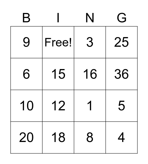 Multiplication Bingo Card