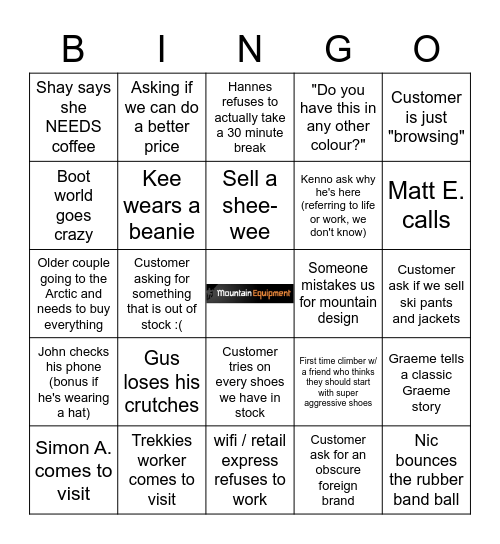 Mountain Equipment BINGO Card