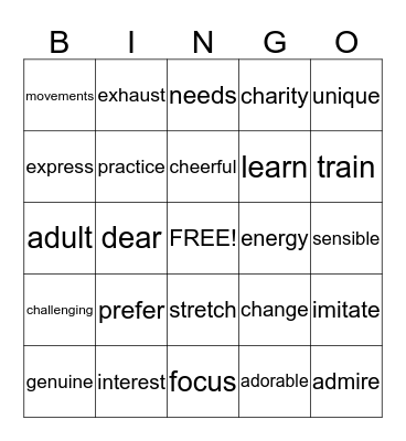 Vocabulary Bingo Card