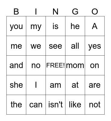 Kindergarten sight words  Bingo Card