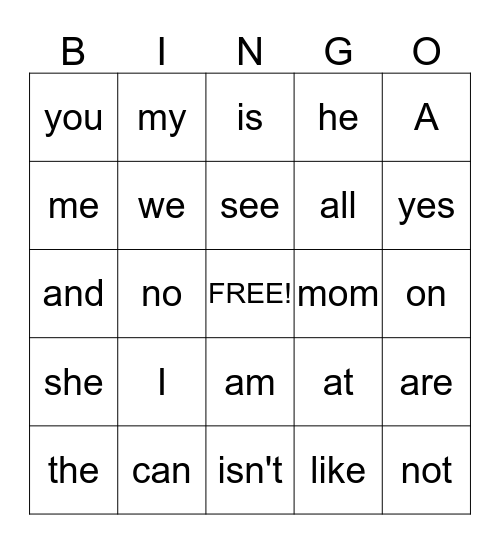 Kindergarten sight words  Bingo Card