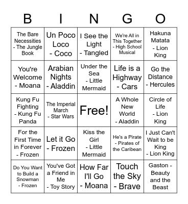 Friday Group Music Bingo - Disney Edition Bingo Card