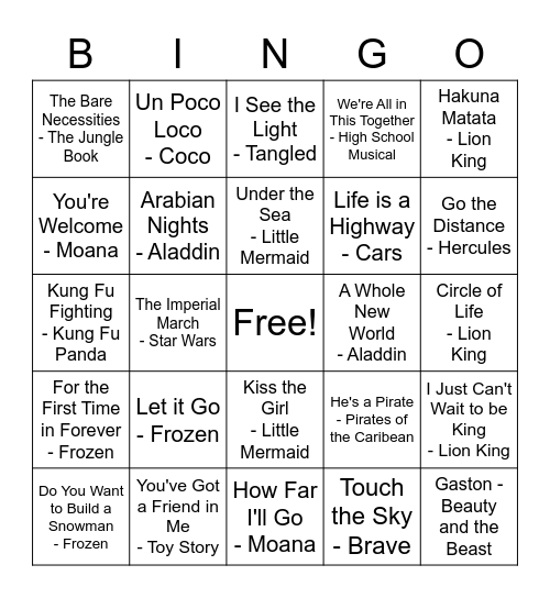 Friday Group Music Bingo - Disney Edition Bingo Card