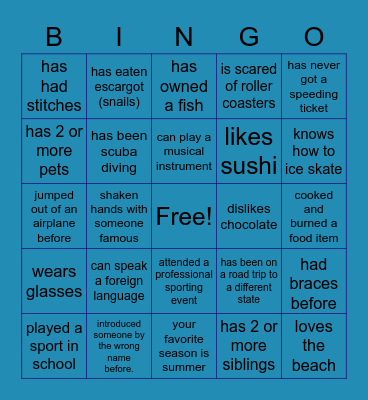 Life experience Bingo Card