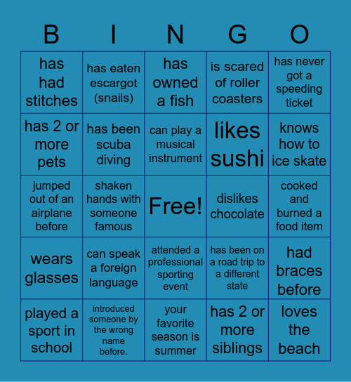 Life experience Bingo Card