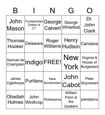 Chapters 5 & 6:  13 Original Colonies Bingo Card