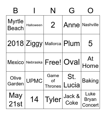 Maddy's Bridal Shower Bingo Card