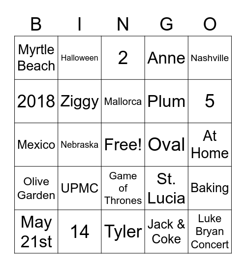 Maddy's Bridal Shower Bingo Card