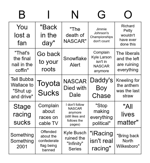 NASCAR Boomer Bingo JI711 Bingo Card