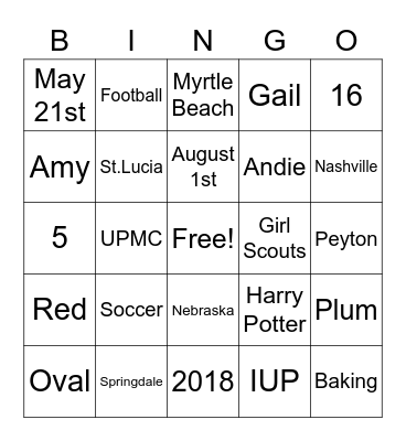 Madison's Bridal Shower Bingo Card