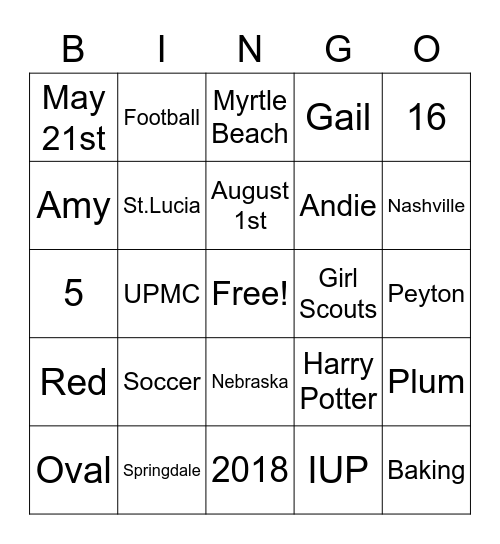 Madison's Bridal Shower Bingo Card