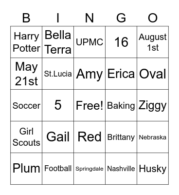 Madison's Bridal Shower Bingo Card